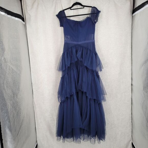 Betsy & Adam Navy Blue Off-Shoulder Formal See Through Corset Prom Dress - Picture 11 of 16